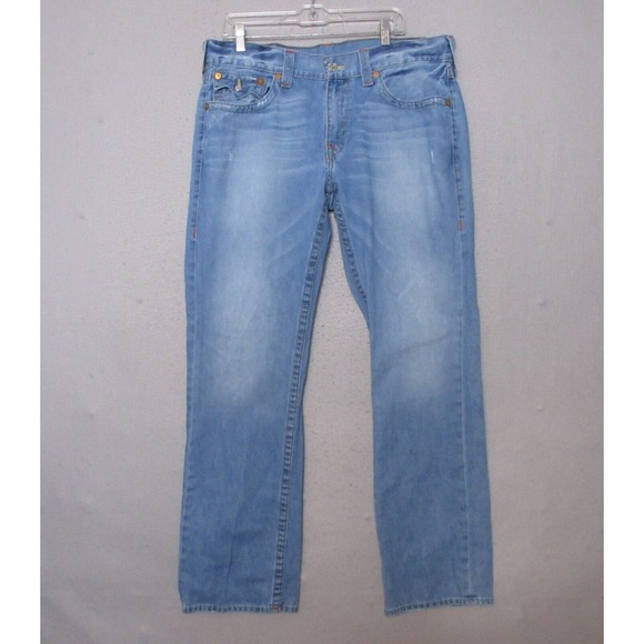 True Religion Jeans Men 36 Straight Leg Flap Pockets Logo Distressed Light Wash‎ - Picture 1 of 16